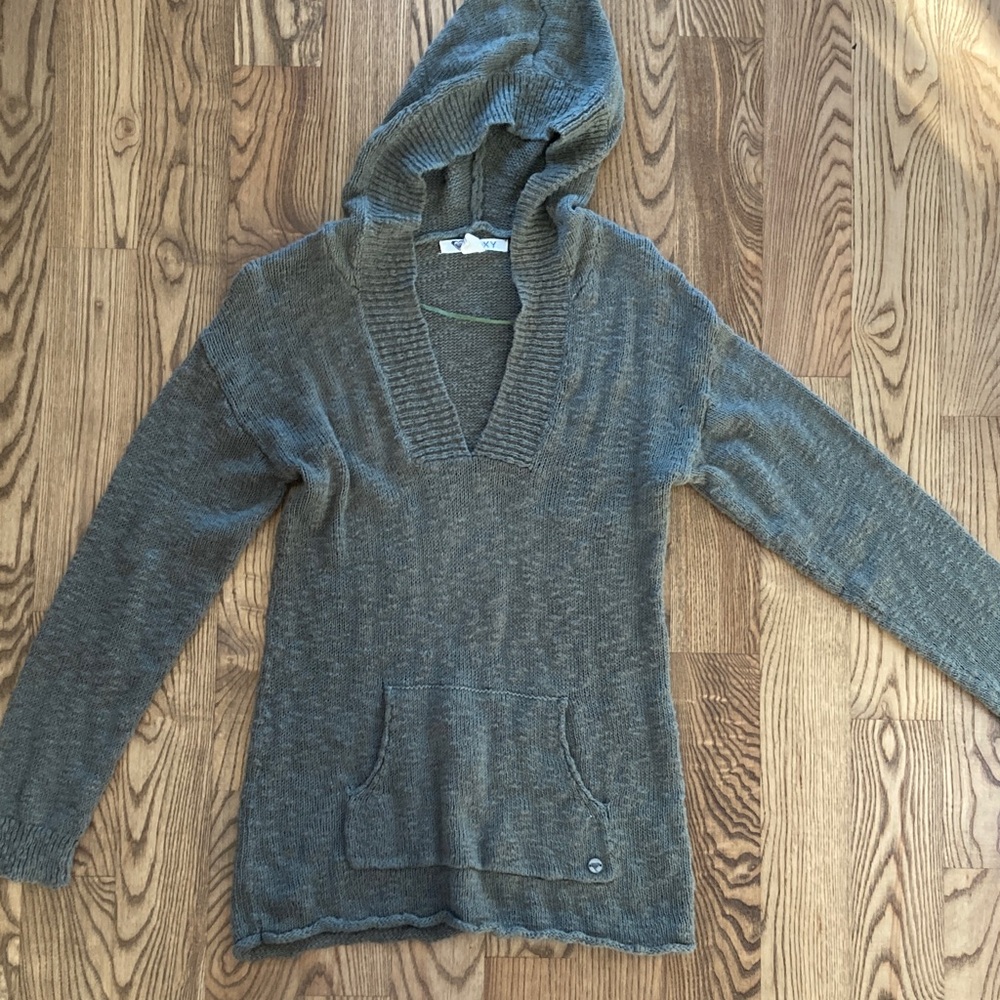 Roxy Heather Green V-Neck Hooded Sweater